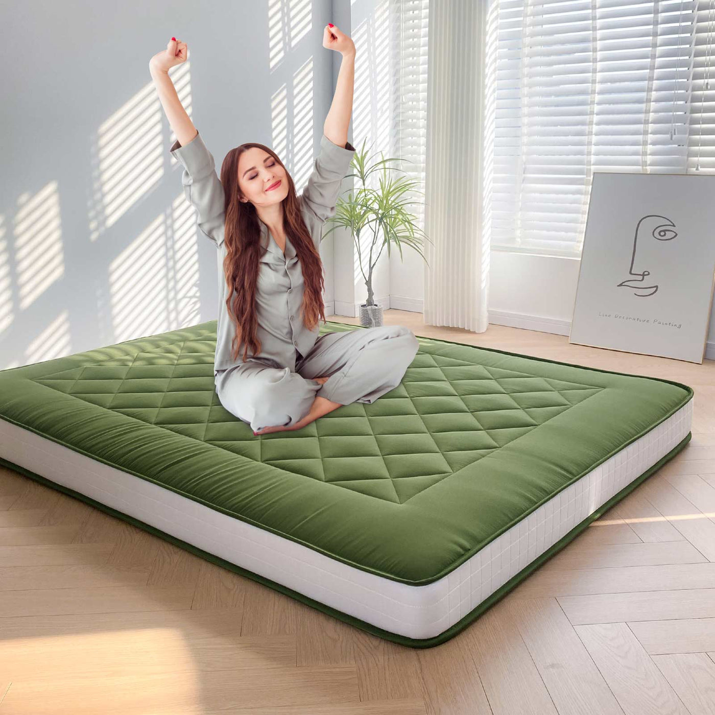 MAXYOYO 6" Extra Thick Japanese Futon Mattress, Stylish Diamond Quilting Floor Bed For Bedroom, Green