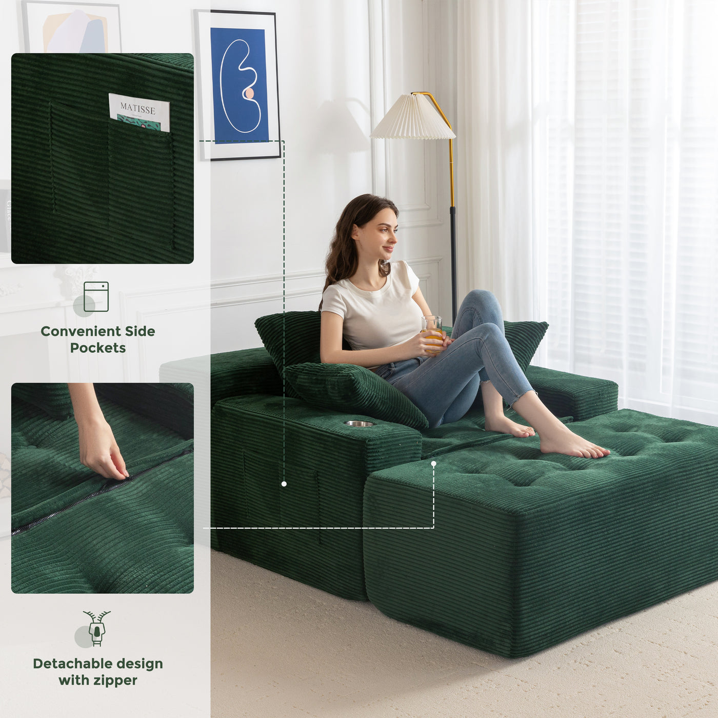 MAXYOYO Modular Sectional Chaise Lounge Sofa, Upholstered Lounge Chair with Pillows Indoor, Tufted Boneless Sofa Couch with Ottoman, Deep Seat Sleeper Chair for Living Room, No Assembly