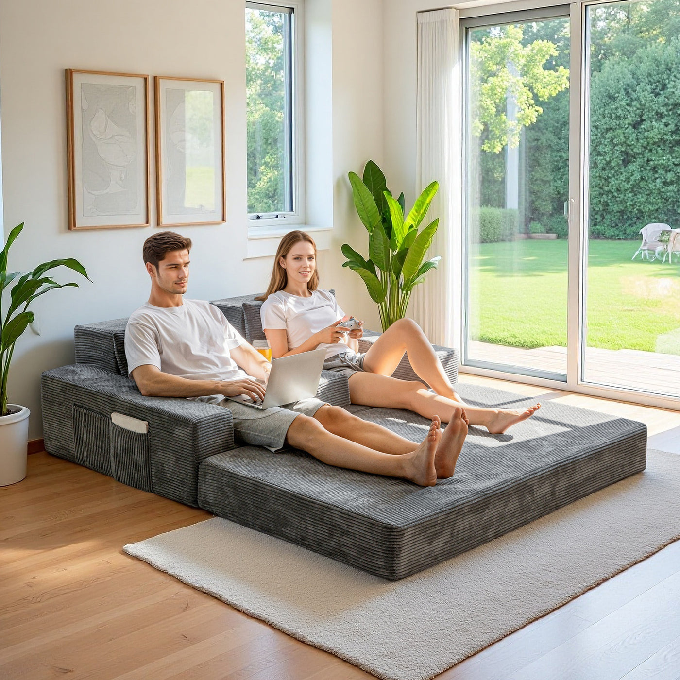 MAXYOYO Loveseat Floor Sofa Bed – Corded 4-in-1 Reclining Couch with Cup Holders & Pillows, Dark Grey