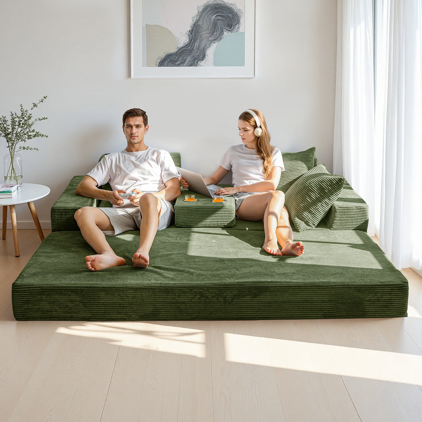 MAXYOYO 3-Seater Sofa Bed in a Box – Corded 4-in-1 Floor Couch with Cup Holders, No Tools Needed, Dark Green