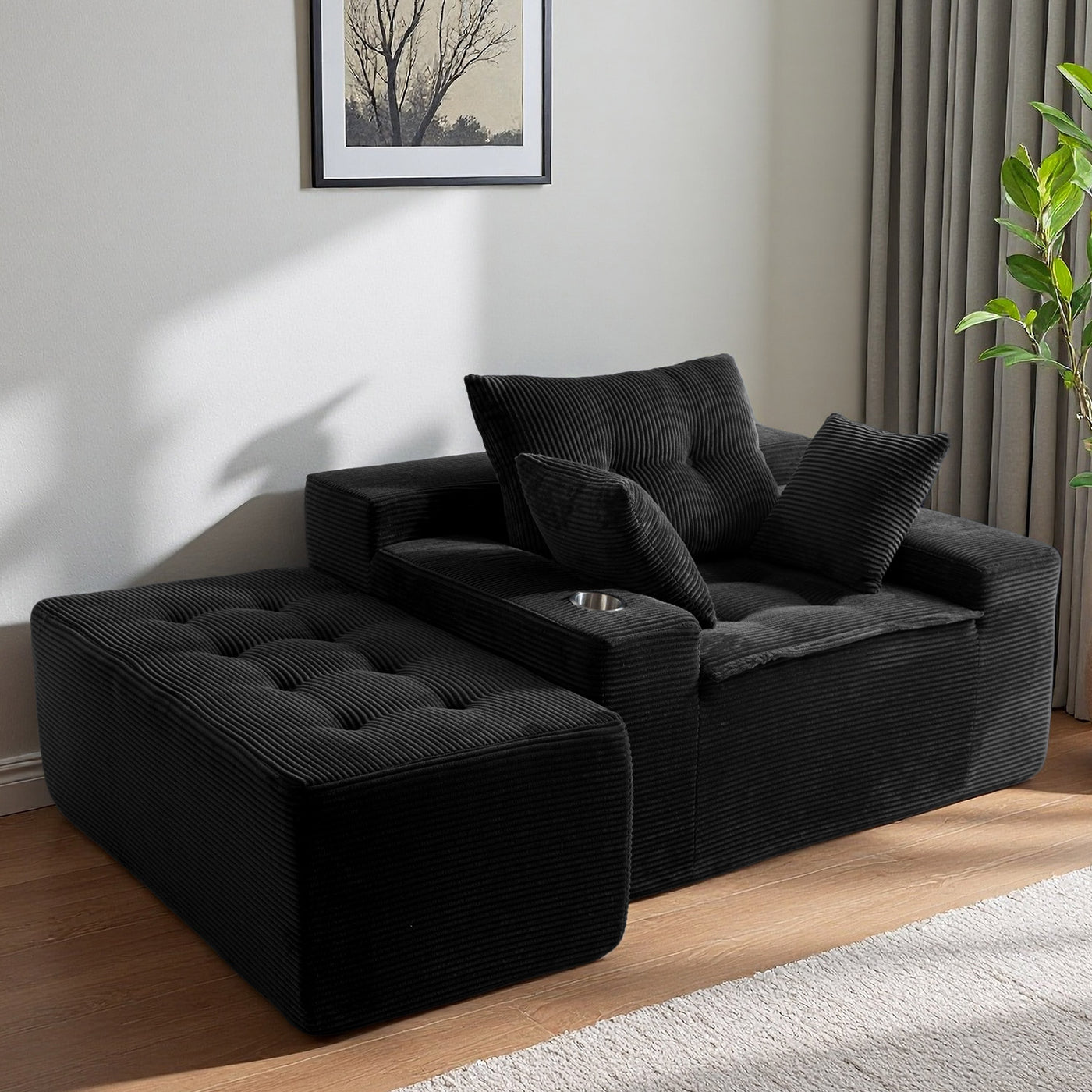 MAXYOYO Oversized Chaise Lounge Sofa with Ottoman – Deep Seat Tufted Floor Couch with 3 Pillows, Black