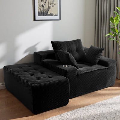 MAXYOYO Oversized Chaise Lounge Sofa with Ottoman – Deep Seat Tufted Floor Couch with 3 Pillows, Black