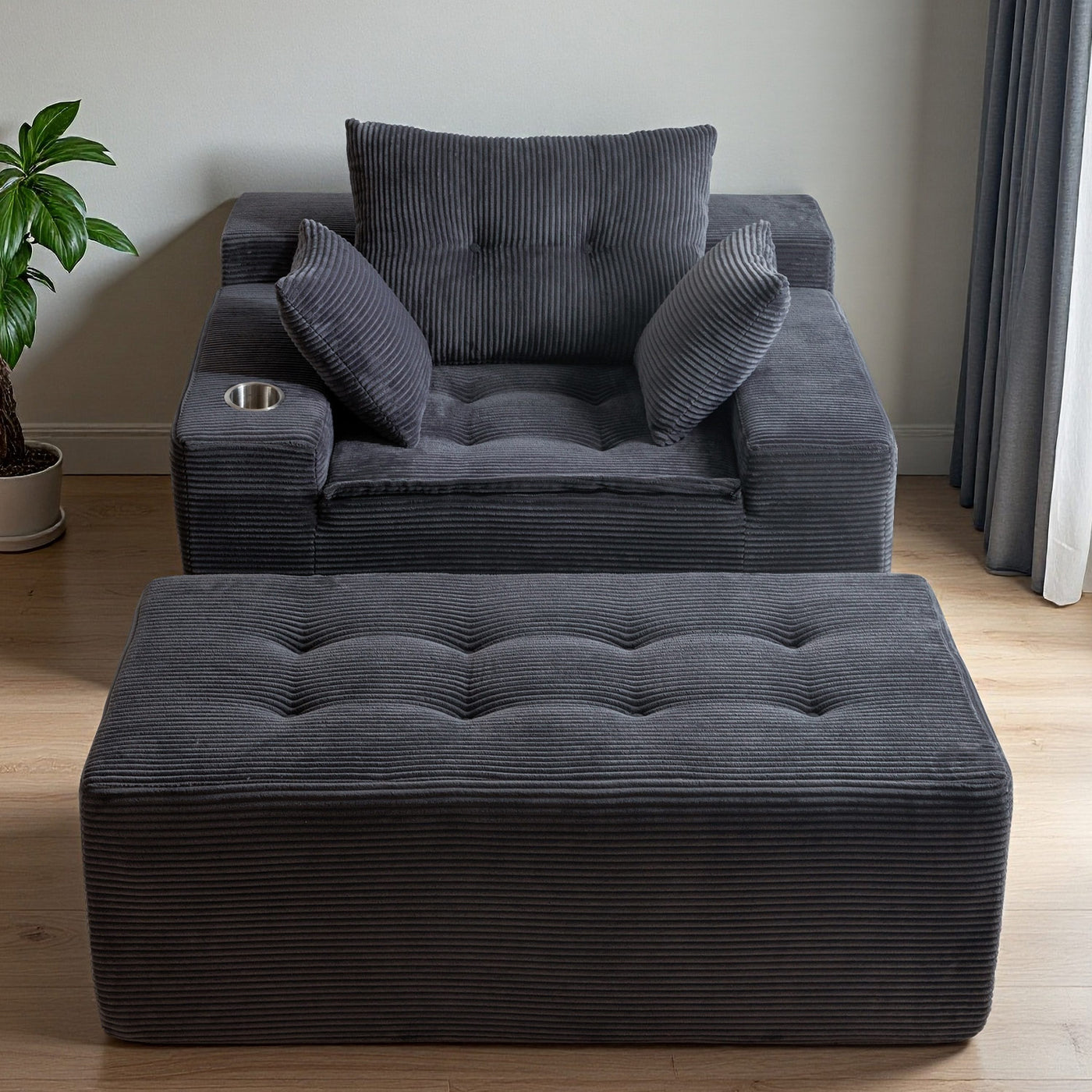 MAXYOYO Oversized Chaise Lounge Sofa with Ottoman – Deep Seat Tufted Floor Couch, No-Assembly, Grey