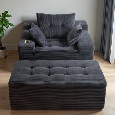 MAXYOYO Oversized Chaise Lounge Sofa with Ottoman – Deep Seat Tufted Floor Couch, No-Assembly, Grey
