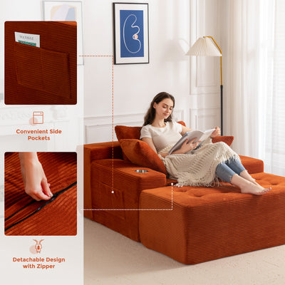 MAXYOYO Modular Sectional Chaise Lounge Sofa, Upholstered Lounge Chair with Pillows Indoor, Tufted Boneless Sofa Couch with Ottoman, Deep Seat Sleeper Chair for Living Room, No Assembly