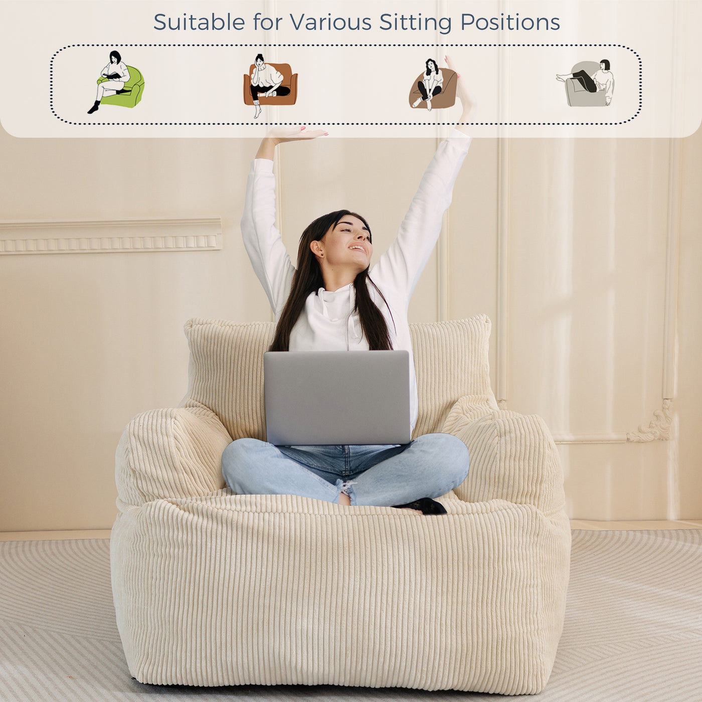 MAXYOYO Giant Bean Bag Chair, Stuffed Bean Bag Couch for Living Room, Beige