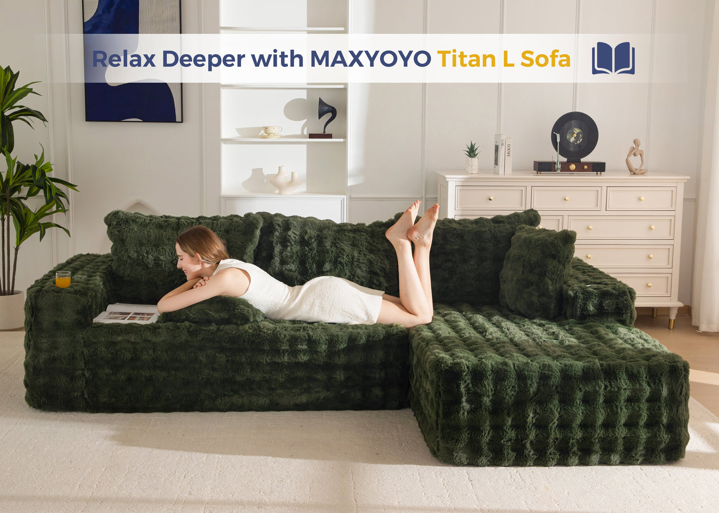 MAXYOYO 104" Modular Sectional Couch with L-Shape Chaise, Modern Boneless Couch for Living Room, Sofa in A Box, Oversized Sofa Sleeper with Deep Seat, No Assembly Required, Green