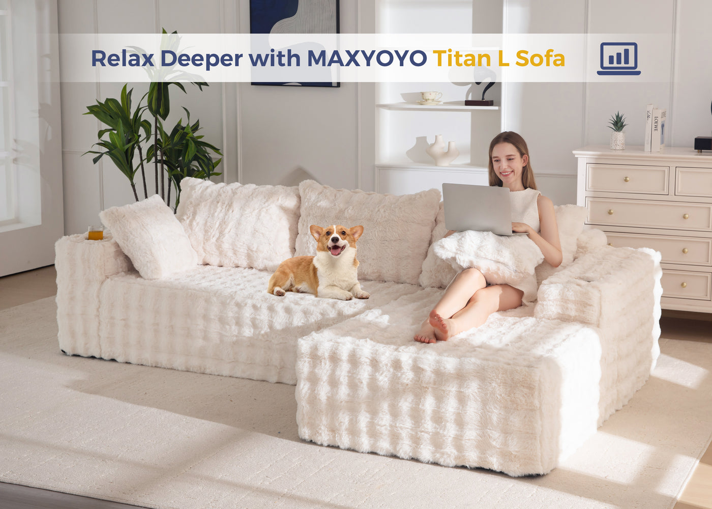 MAXYOYO 104" Modular Sectional Couch with L-Shape Chaise, Modern Boneless Couch for Living Room, Sofa in A Box, Oversized Sofa Sleeper with Deep Seat, No Assembly Required, Beige