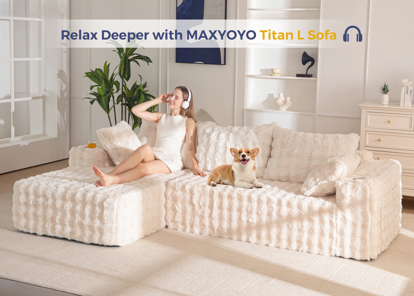 MAXYOYO 104" Modular Sectional Couch with L-Shape Chaise, Modern Boneless Couch for Living Room, Sofa in A Box, Oversized Sofa Sleeper with Deep Seat, No Assembly Required, Beige