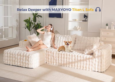 MAXYOYO 104" Modular Sectional Couch with L-Shape Chaise, Modern Boneless Couch for Living Room, Sofa in A Box, Oversized Sofa Sleeper with Deep Seat, No Assembly Required, Beige