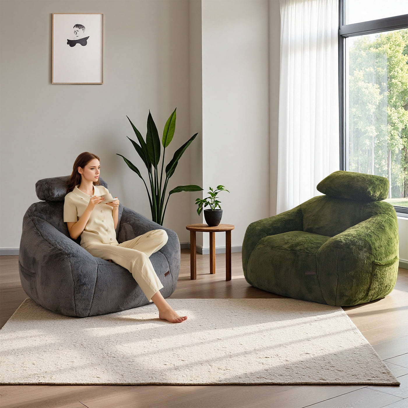 MAXYOYO Giant Bean Bag Chair with Pillow - Faux Fur Ergonomic Bean Bag Chair Couch (Zippered Link Pillow), Dark Grey