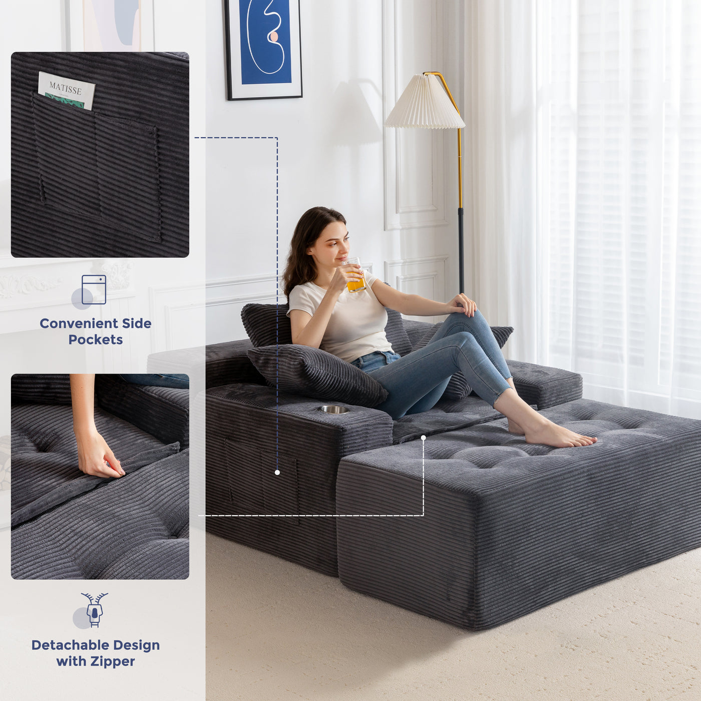 MAXYOYO Modular Sectional Chaise Lounge Sofa, Upholstered Lounge Chair with Pillows Indoor, Tufted Boneless Sofa Couch with Ottoman, Deep Seat Sleeper Chair for Living Room, No Assembly