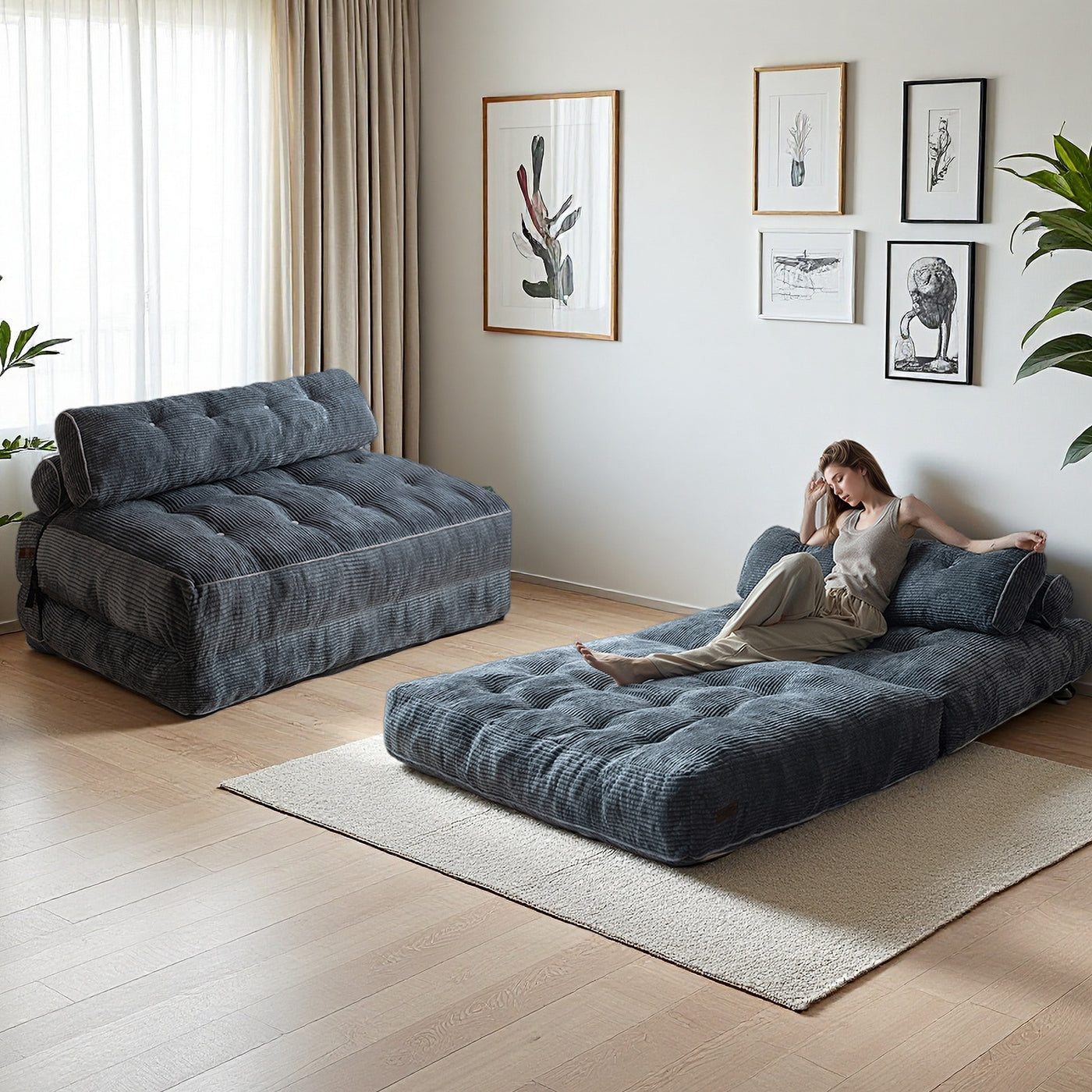 MAXYOYO Corduroy Folding Sofa Bed, Convertible Sleeper Chair with Pillow Foldable Mattress with Back Support(Double), Dark Grey