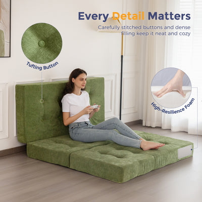 MAXYOYO Tri-Fold Mattress, 6 Inch Tufted Folding Mattress with Chenille Fabric, Portable Queen Size Floor Guest Mat for Adults, Foldable Topper for Camping