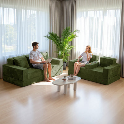 MAXYOYO 3-Seater Sofa Bed in a Box – Corded 4-in-1 Floor Couch with Cup Holders, No Tools Needed, Dark Green