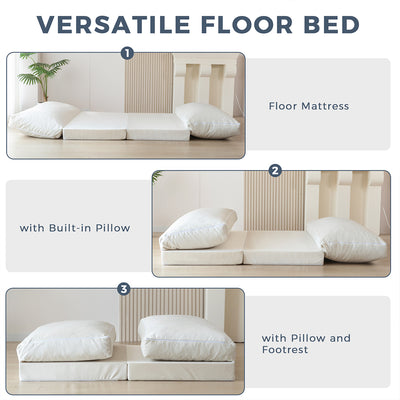 MAXYOYO Bean Bag Folding Sofa Bed, Velvet Floor Sofa with Washable Cover for Adults, Cream White