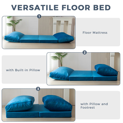 MAXYOYO Bean Bag Folding Sofa Bed, Velvet Floor Sofa with Washable Cover for Adults, Blue