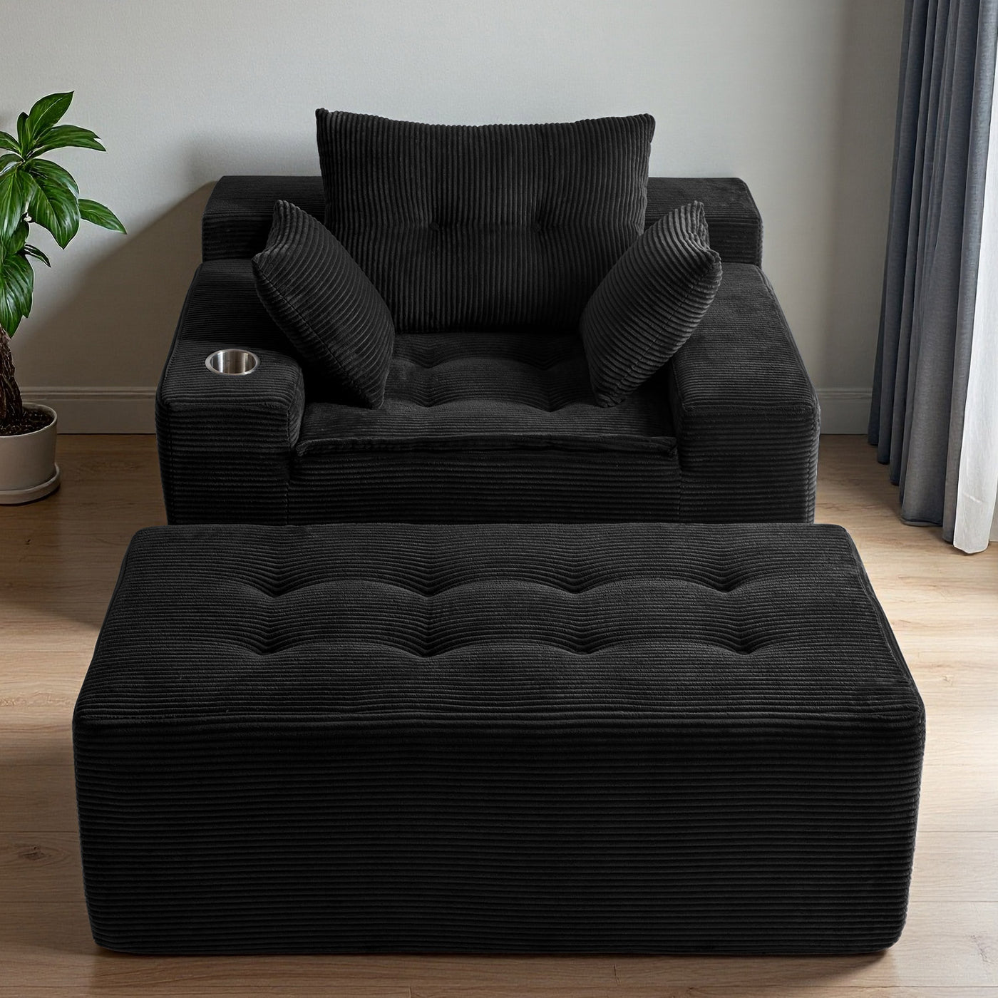 MAXYOYO Oversized Chaise Lounge Sofa with Ottoman – Deep Seat Tufted Floor Couch with 3 Pillows, Black