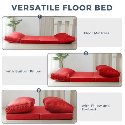 MAXYOYO Bean Bag Folding Sofa Bed, Velvet Floor Sofa with Washable Cover for Adults, Red