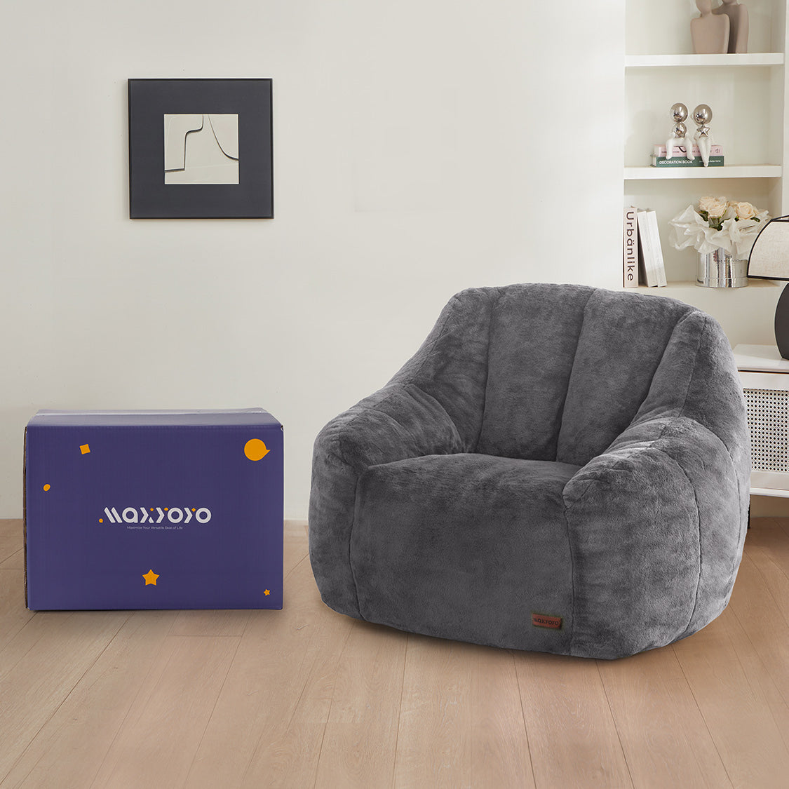 MAXYOYO Bean Bag Chair - Faux Fur Bean Bag Chair with High Backrest, Grey
