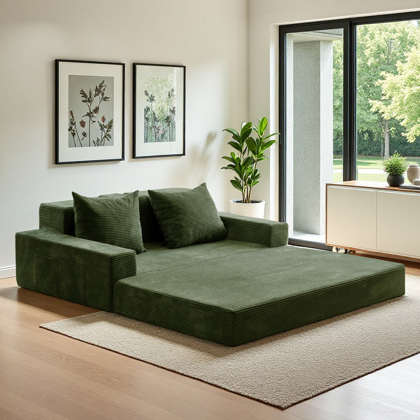 MAXYOYO Loveseat Sofa Bed in a Box – Corded 4-in-1 Floor Couch with Cup Holders, No Tools Needed, Dark Green
