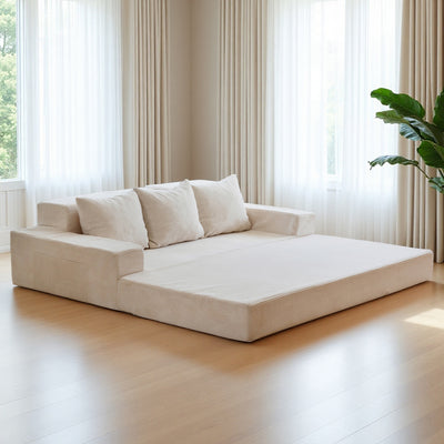 MAXYOYO Convertible 3-Seater Sofa Bed – Corded Foldable Floor Recliner with Cup Holders, Beige