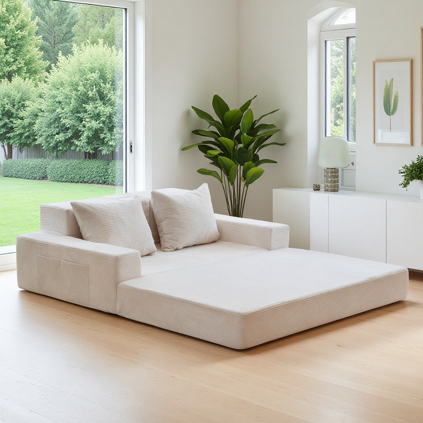 MAXYOYO Convertible Loveseat Sofa Bed – Corded Foldable Floor Recliner with Cup Holders, Beige