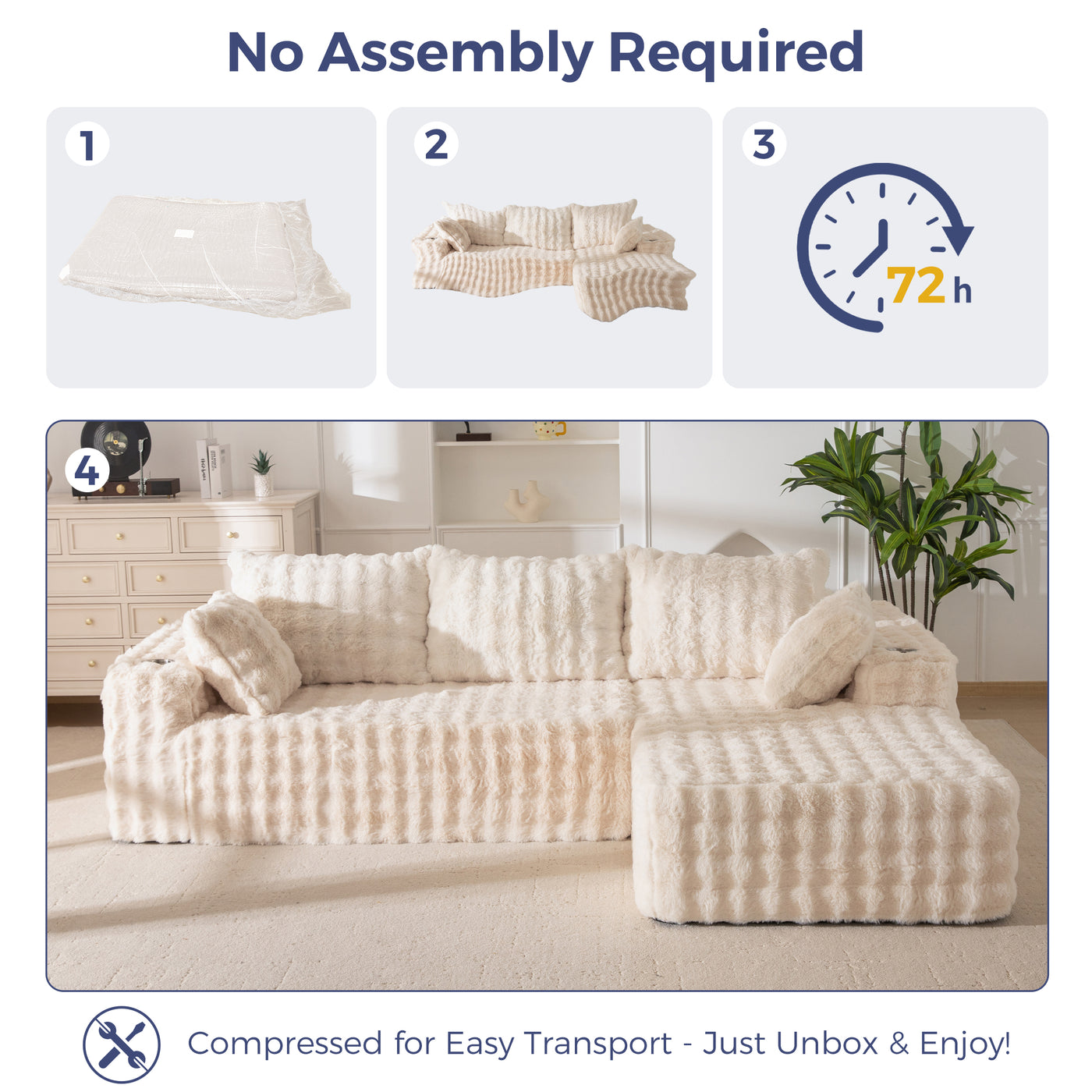 MAXYOYO 104" Modular Sectional Couch with L-Shape Chaise, Modern Boneless Couch for Living Room, Sofa in A Box, Oversized Sofa Sleeper with Deep Seat, No Assembly Required, Beige