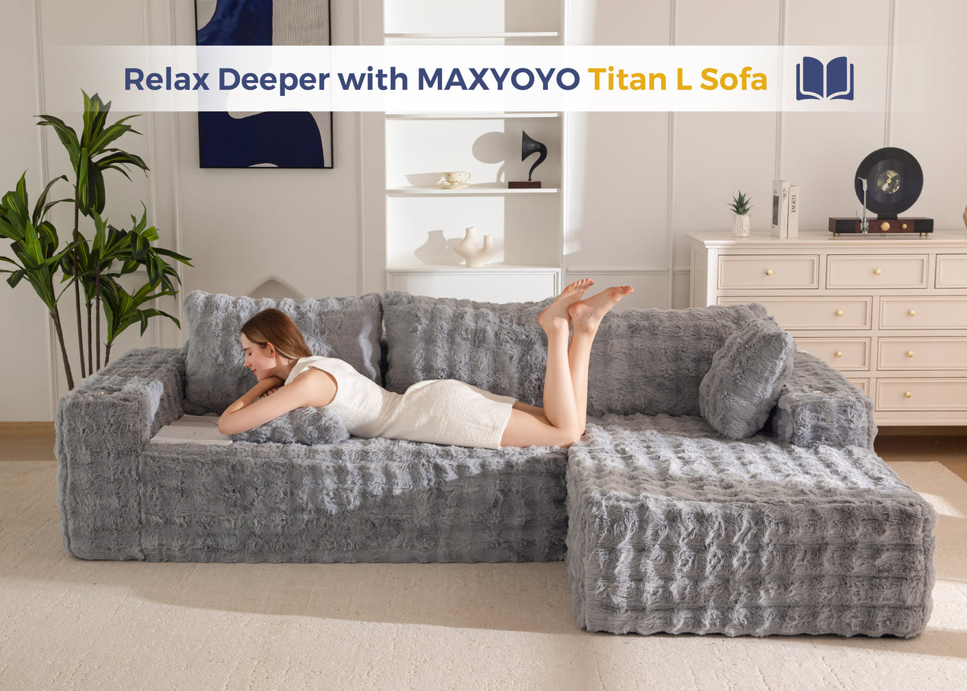 MAXYOYO 104" Modular Sectional Couch with L-Shape Chaise, Modern Boneless Couch for Living Room, Sofa in A Box, Oversized Sofa Sleeper with Deep Seat, No Assembly Required, Grey