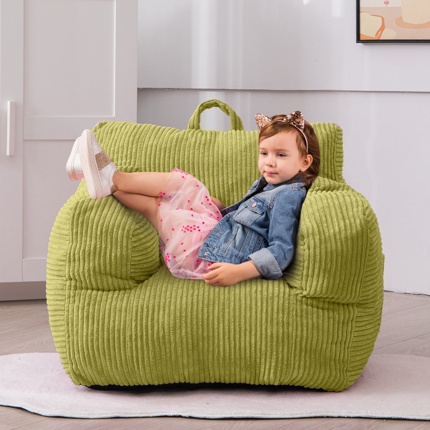 MAXYOYO Kids Bean Bag Chair, Corduroy Bean Bag Couch with Armrests for Children's Room (Green)
