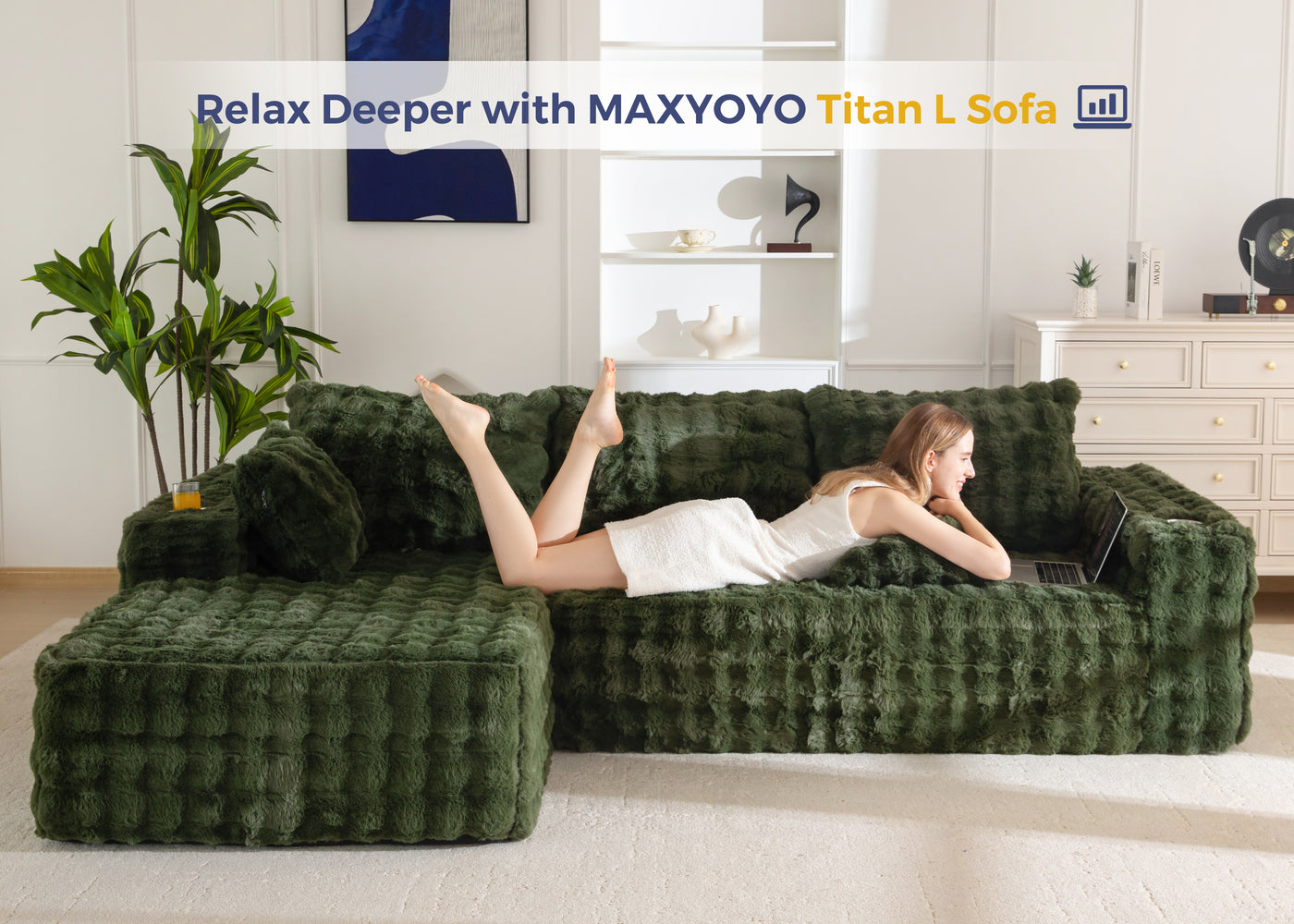 MAXYOYO 104" Modular Sectional Couch with L-Shape Chaise, Modern Boneless Couch for Living Room, Sofa in A Box, Oversized Sofa Sleeper with Deep Seat, No Assembly Required, Green