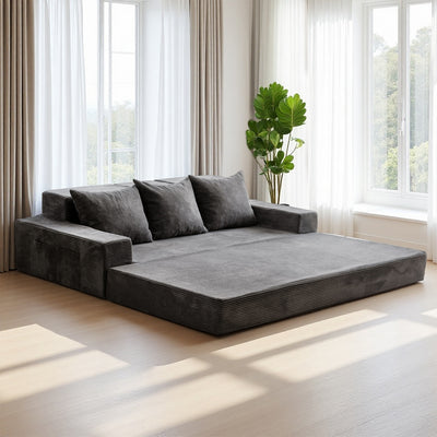 MAXYOYO 3-Seater Floor Sofa Bed – Corded 4-in-1 Reclining Couch with Cup Holders & Pillows, Dark Grey