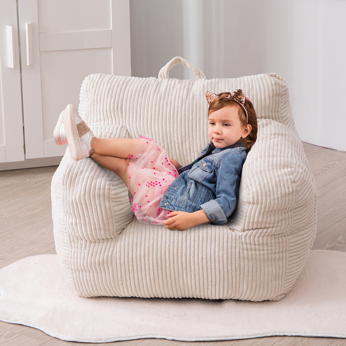 MAXYOYO Kids Bean Bag Chair, Corduroy Bean Bag Couch with Armrests for Children's Room (White)