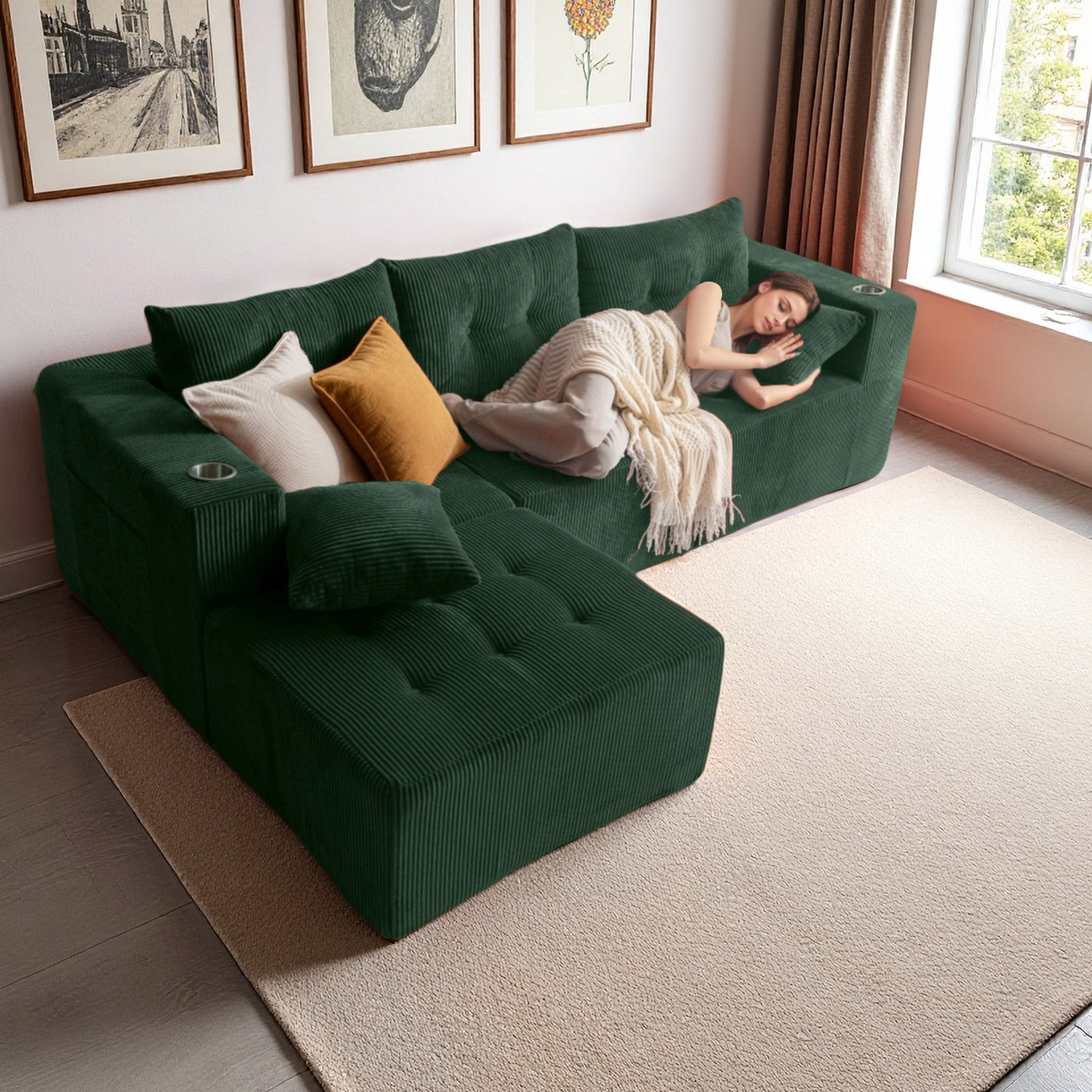 L Shaped Modular Sofa #color_green