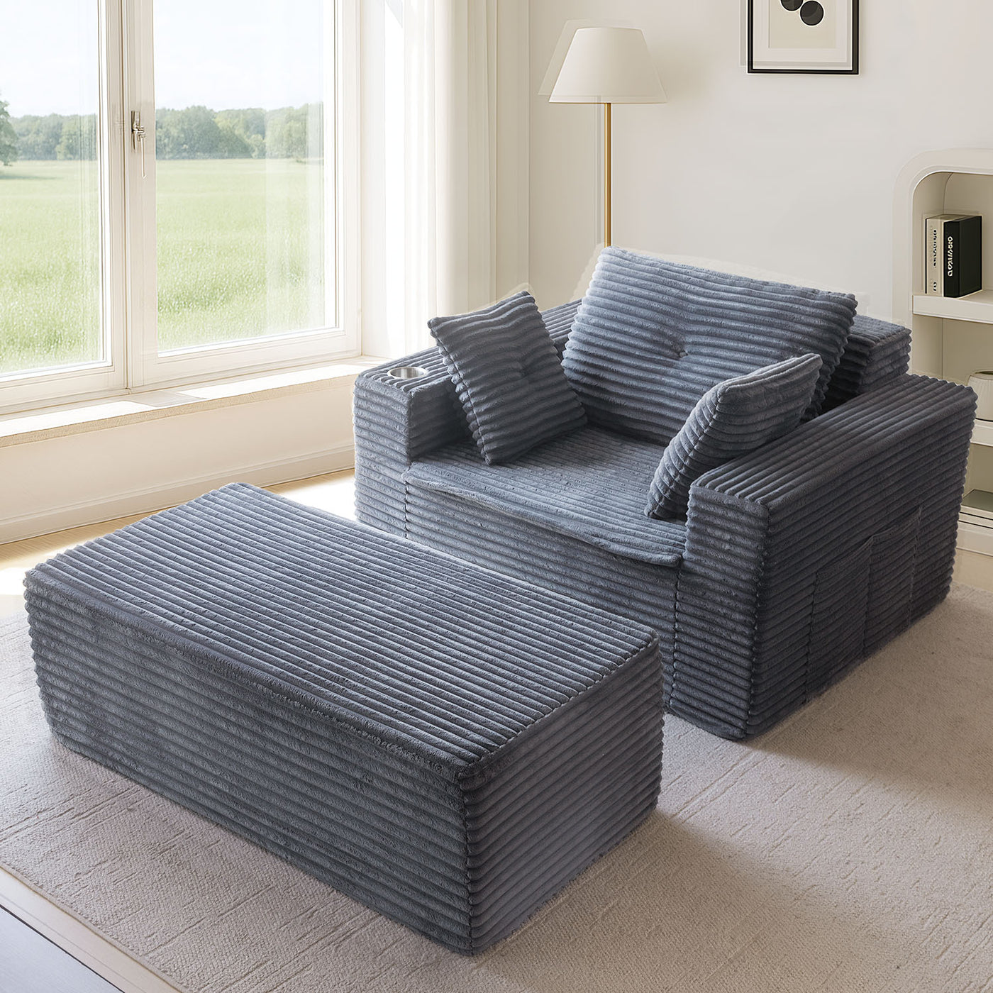 MAXYOYO 65"x49'' Chaise Lounge Sofa - Oversized Chaise Lounge Chair Cozy Cloud Couch with 3 Pillows, Dark Grey