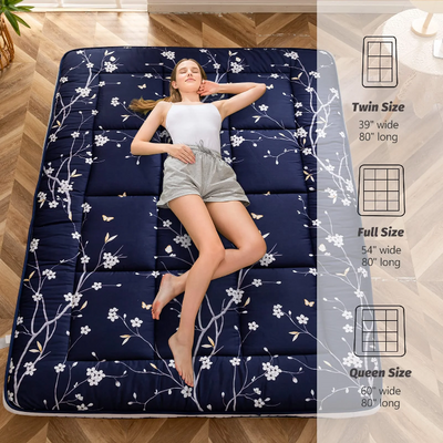 MAXYOYO Navy Floral Printed Padded Japanese Futon Mattress, Quilted Bed Mattress Topper, Folding Sleeping Pad Guest Bed for Camping Couch