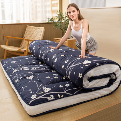 MAXYOYO Navy Floral Printed Padded Japanese Futon Mattress, Quilted Bed Mattress Topper, Folding Sleeping Pad Guest Bed for Camping Couch