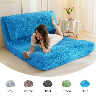 MAXYOYO Bean Bag Folding Floor Sofa Bed, Faux Fur Foam Filling Wall Couch Sleeper Chairs, Blue