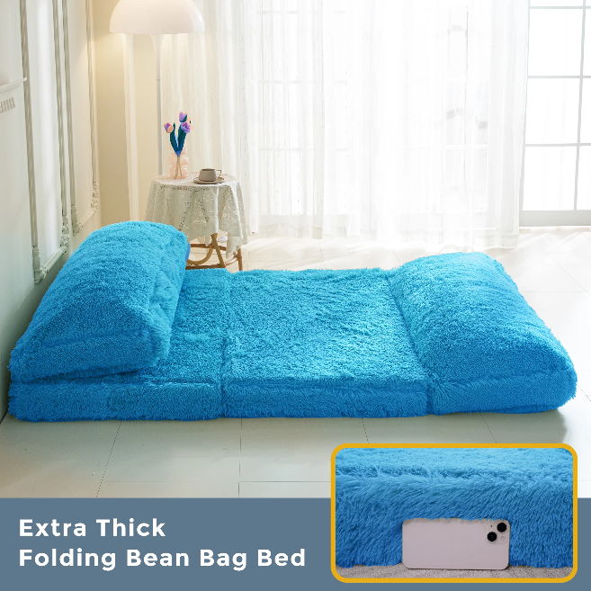 MAXYOYO Bean Bag Folding Floor Sofa Bed, Faux Fur Foam Filling Wall Couch Sleeper Chairs, Blue