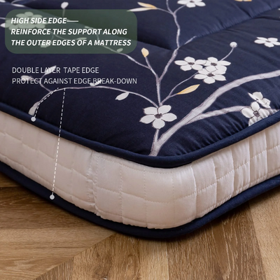 MAXYOYO Navy Floral Printed Padded Japanese Futon Mattress, Quilted Bed Mattress Topper, Folding Sleeping Pad Guest Bed for Camping Couch