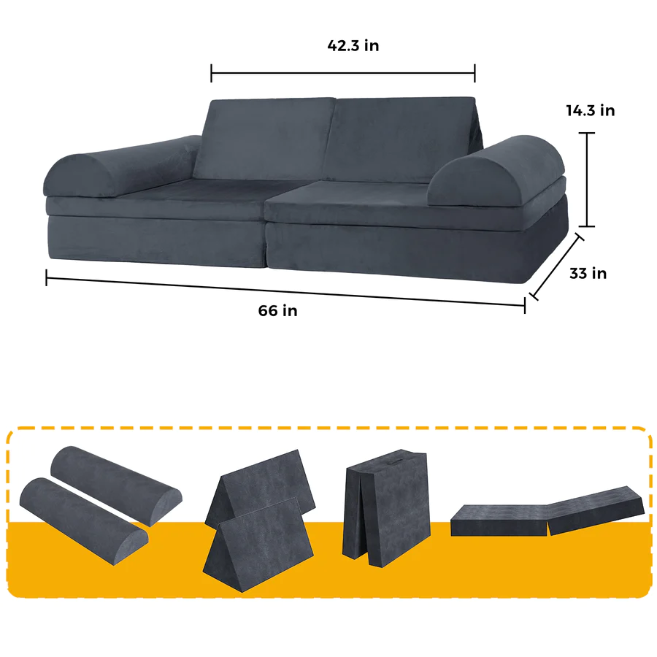 MAXYOYO Kids Play Couch, 8PCS Modular Children's Couch, Large Size Kids Sofa Furniture 66/W, Grey