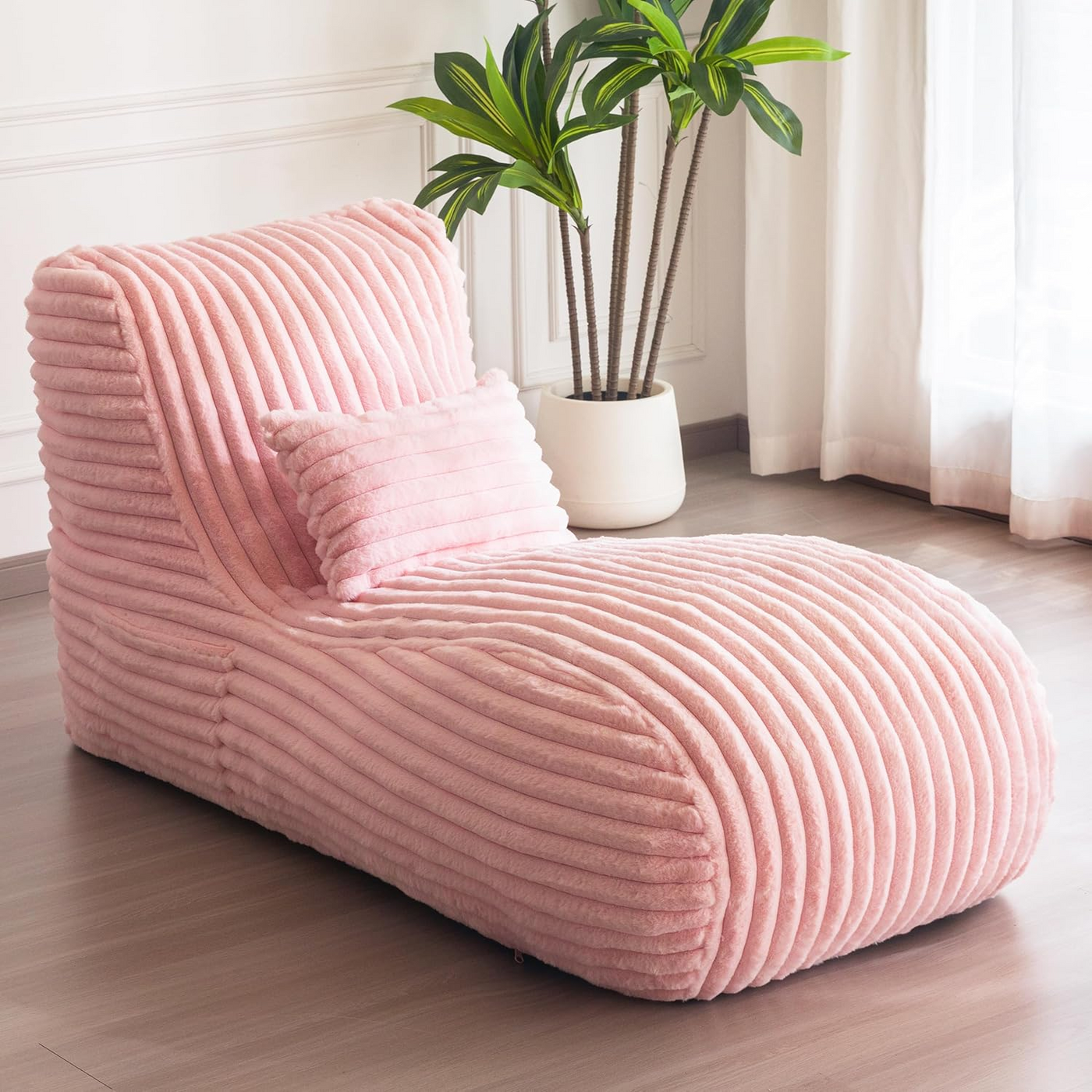 MAXYOYO Chaise Lounge with Pillow, Ergonomic Chaise Lounge Chair Indoor, Soft Fabric Velvet Floor Sofa, Fainting Couch for Bedroom Living Room, Pink