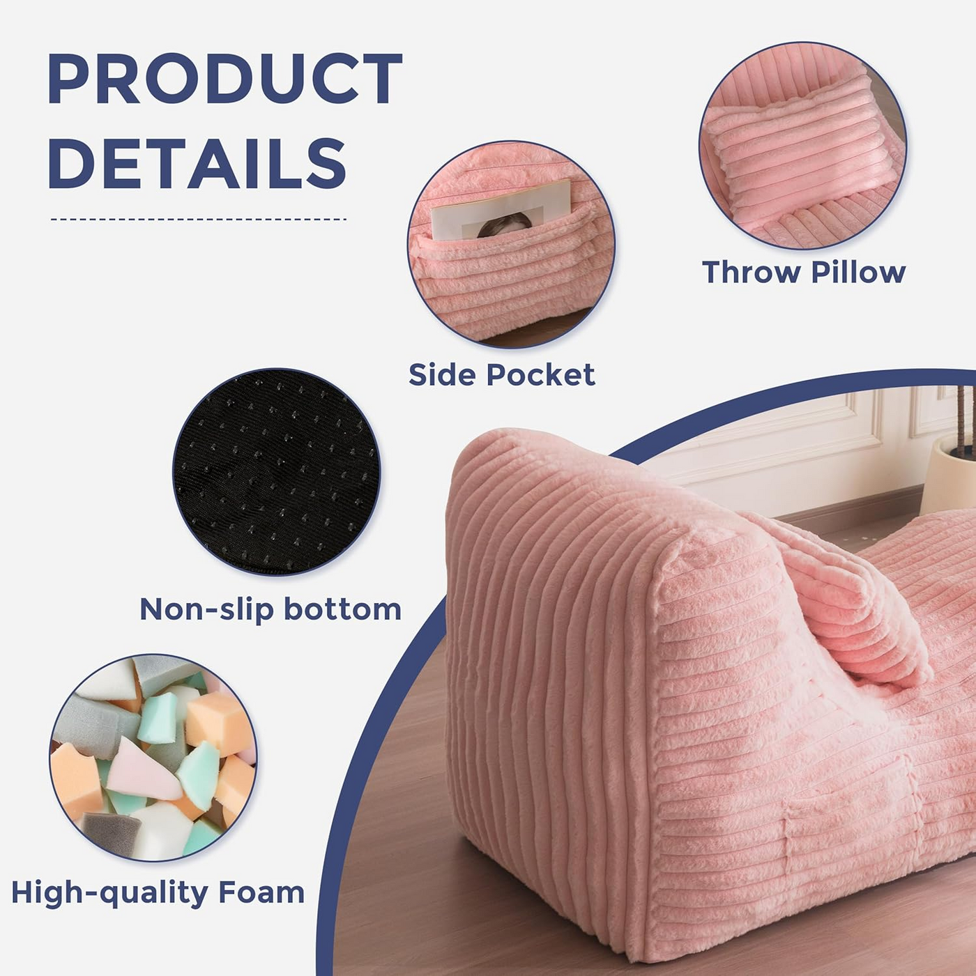 MAXYOYO Chaise Lounge with Pillow, Ergonomic Chaise Lounge Chair Indoor, Soft Fabric Velvet Floor Sofa, Fainting Couch for Bedroom Living Room, Pink