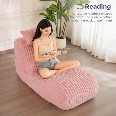 MAXYOYO Chaise Lounge with Pillow, Ergonomic Chaise Lounge Chair Indoor, Soft Fabric Velvet Floor Sofa, Fainting Couch for Bedroom Living Room, Pink