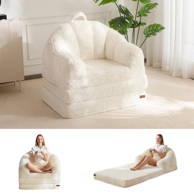 MAXYOYO Folding Sofa Bed, 2 in 1 Convertible Sofa to Lounger Comfy Single Bean Bag Chair for Adults, Floor Sleeper Couch with Handle, Faux Fur Couch Bed for Living Room Bedroom, Beige