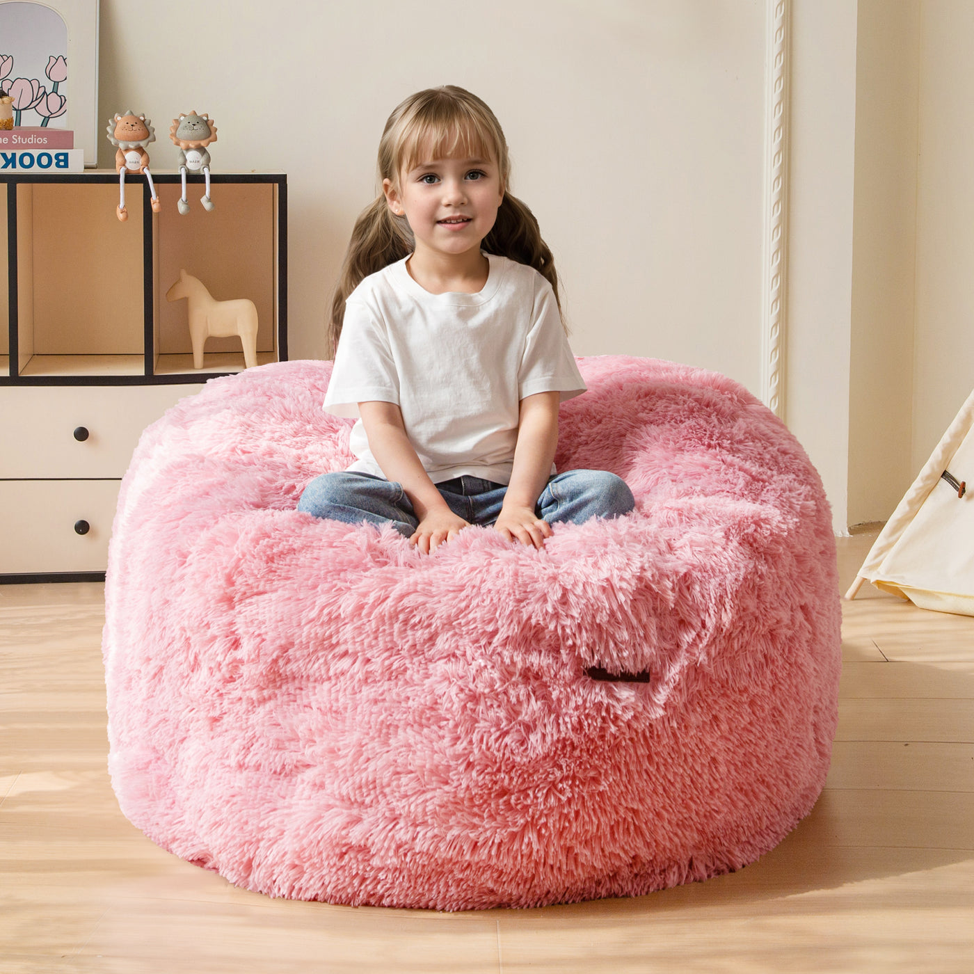 MAXYOYO Kids Bean Bag Chair, Stuffed Faux Fur Bean Bag for Toddler, Ultra Soft Floor Sofa with High-Density Foam Filling, Lazy Chair for Living Room, Playroom, Nursery Room,Pink