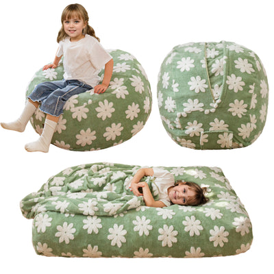 MAXYOYO Bean Bag Chair Bed for Kids, Convertible Bean Bag from Lazy Chair to Floor Bed, Fresh Floral Design Cover, Stuffed Floor Sofa Couch for Boys and Girls, High-Density Foam Filling, Green
