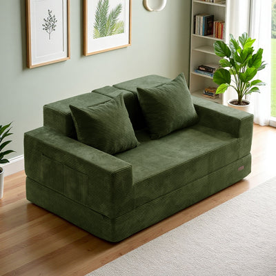 MAXYOYO Loveseat Sofa Bed in a Box – Corded 4-in-1 Floor Couch with Cup Holders, No Tools Needed, Dark Green