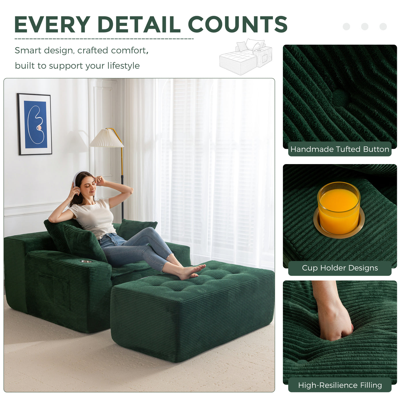 MAXYOYO Modular Sectional Chaise Lounge Sofa, Upholstered Lounge Chair with Pillows Indoor, Tufted Boneless Sofa Couch with Ottoman, Deep Seat Sleeper Chair for Living Room, No Assembly