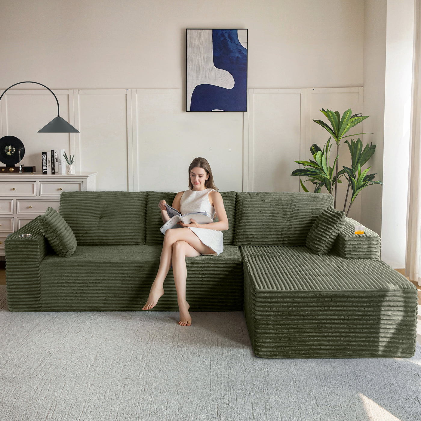 MAXYOYO 104" Modular Sectional Couch with L-Shape Chaise, Modern Boneless Couch for Living Room, Sofa in A Box, Oversized Sofa Sleeper with Deep Seat, No Assembly Required, Green